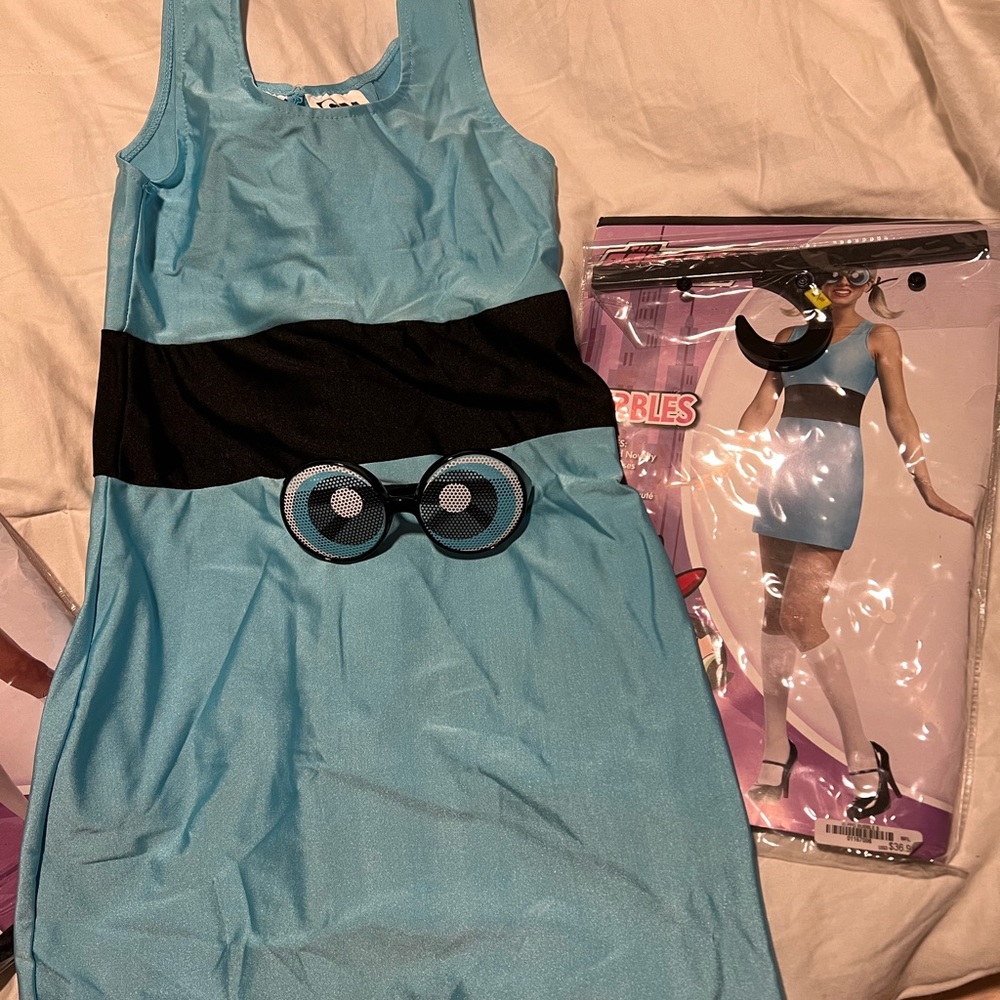 Powderpuff Girls, Bubbles, adult dress and party glasses, small. New never used